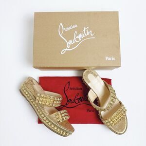 CHRISTIAN LOUBOUTIN Gold Ecu Sandals Size 39 US 8.5 Studded Platform Slides